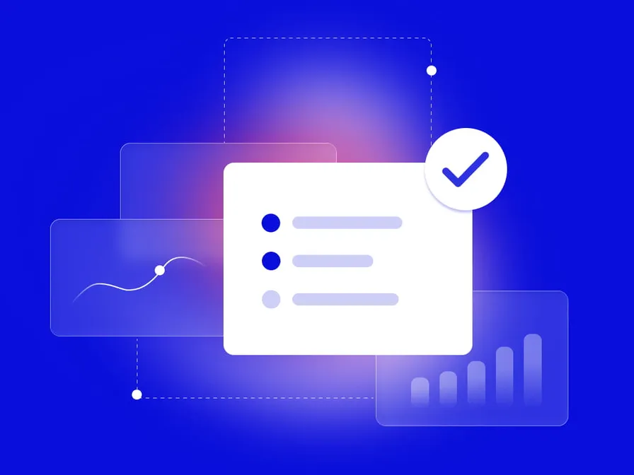 Abstract digital graphic with checklist and graphs, featuring a blue background and a checkmark symbol.