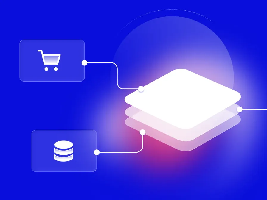 A digital illustration showing a shopping cart and database icon connected to a central platform on a blue background.