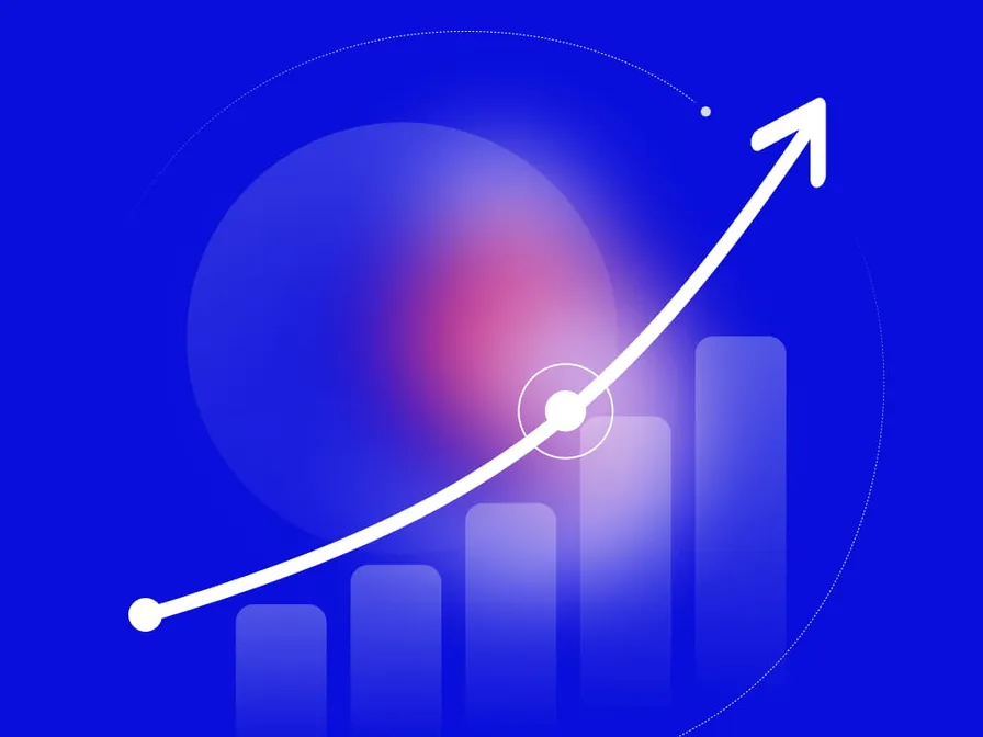A stylized graph with an upward-curving white line and arrow over blue background, with bars and a circular gradient behind it.