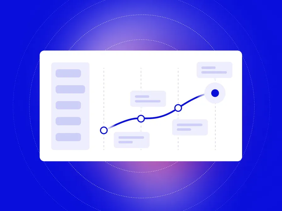 Illustration of a progress chart with a curved line and data points, set against a blue gradient background with concentric circles.