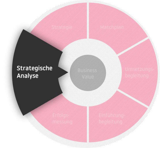 Die Phase der strategischen Analyse in der Beratung mit dem Business Value im Zentrum: Strategische Analyse - Strategie - Matchplan - Umsetzungsbegleitung - Einführungsbegleitung - Erfolgsmessung
